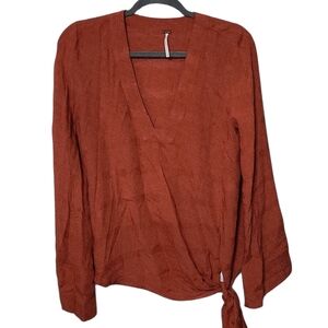 Free People Side Tie Bell Sleeve Rust V-Neck Blouse‎ Size Small